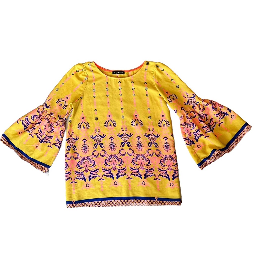 Orange Caramel Flowy Bohemian Bell Sleeve Top in Yellow